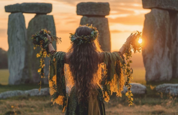 Sorcière célérant beltane face à des dolmen