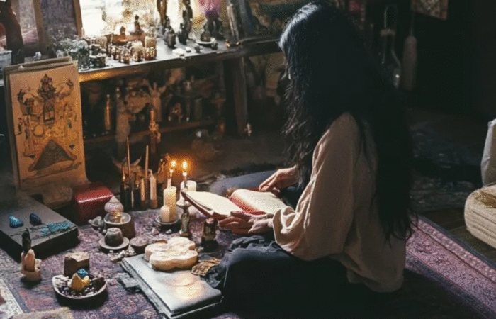 Sorcière lisant son grimoire dans sa chambre