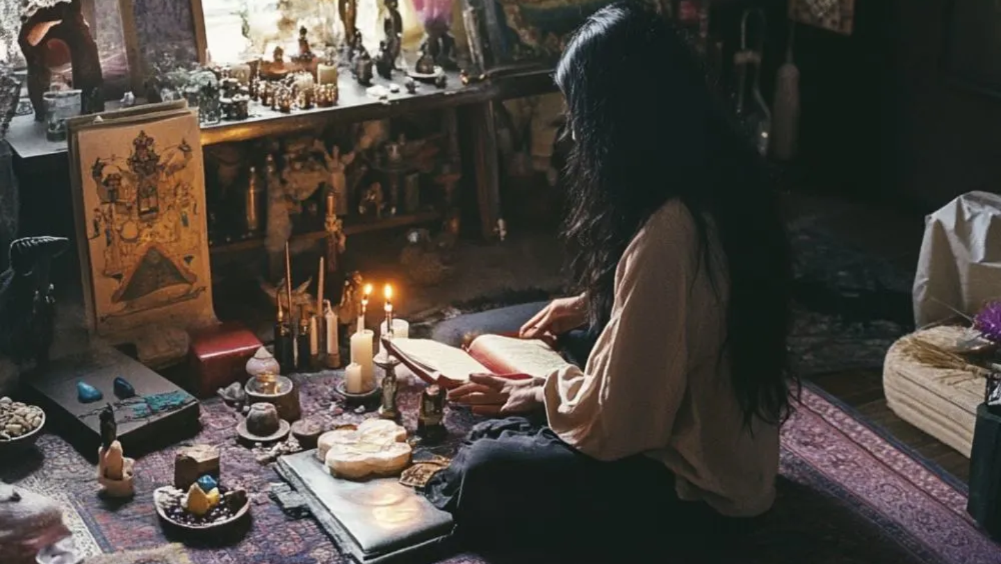 Sorcière lisant son grimoire dans sa chambre
